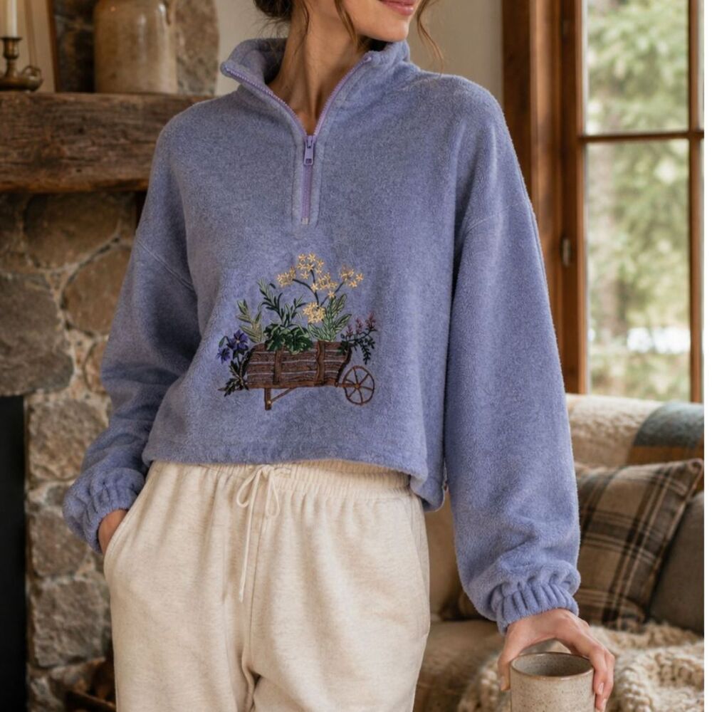 Vintage Northern Reflections Cropped Fleece M Floral Quarter Zip Cottagecore